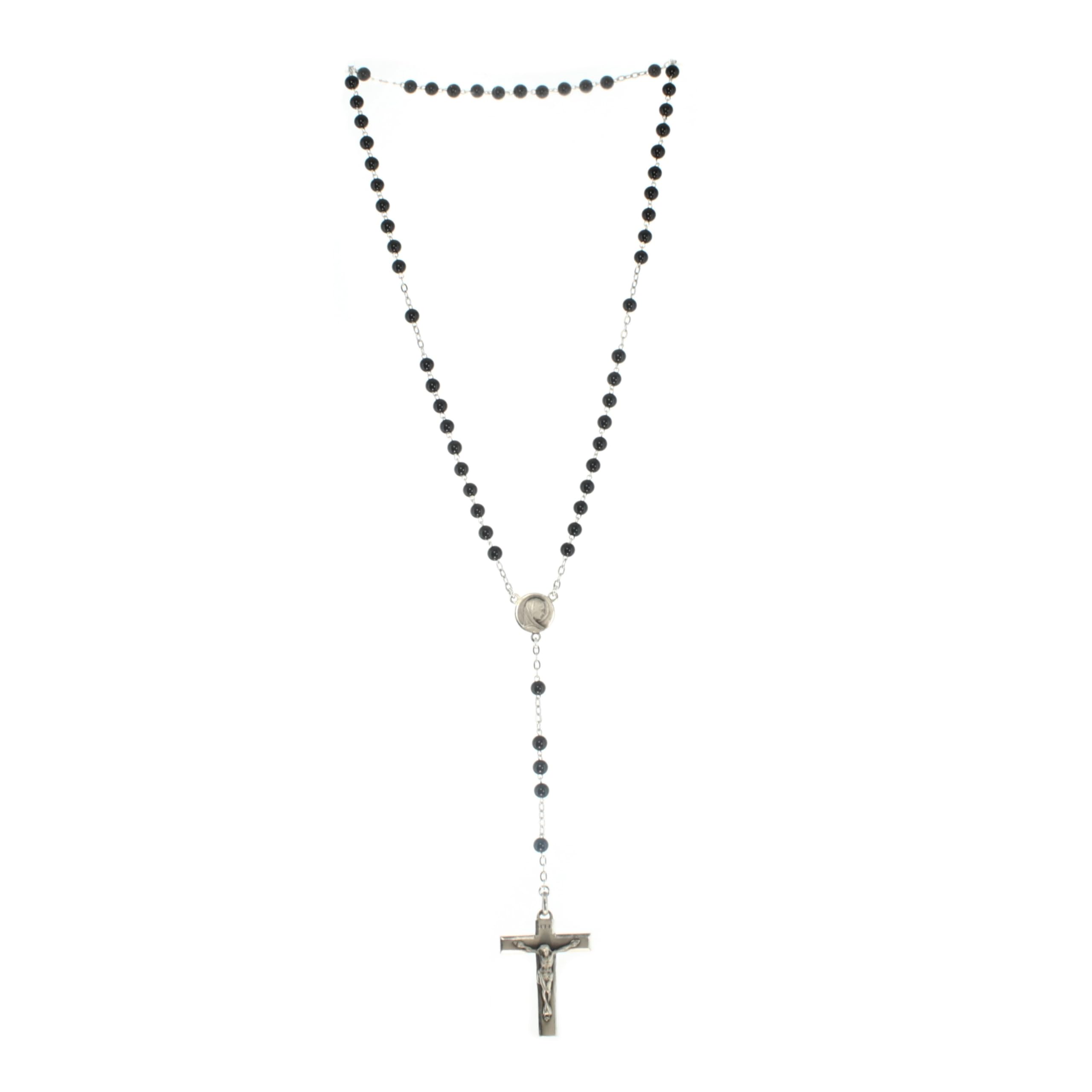 Palacio del Rosario Rosario de Plata y Piedra de Águeda Negra de 4 mm – Rosario Plata – Culto Cristiano de Plata, 32 cm, Plata de ley