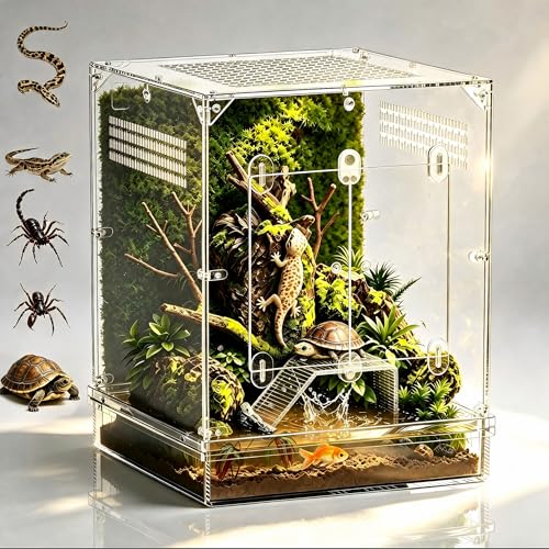 12x12x16 Acrylic Reptile Terrarium Large Reptile Enclosure with Watertight Bottom 10 Gallon Clear Reptile Tank with Front Opening Doors High Ventilation Habitat Breeding Cage for Turtle Gecko Frog