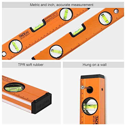 TACKLIFE Level 12-Inch Aluminum Alloy Magnetic Torpedo Level Plumb/Level/45-Degree, Measuring Shock Resistant Spirit Level with Standard and Metric Rulers MT-L03