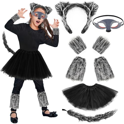 Hpbaggy Disfraz de Lobo Niñas,Disfraz con Orejas Cola Pata Mascara de Lobo,para Niñas Cosplay Carnaval Halloween Fiestas Temáticas Fiesta de Cumpleaños (Negro)