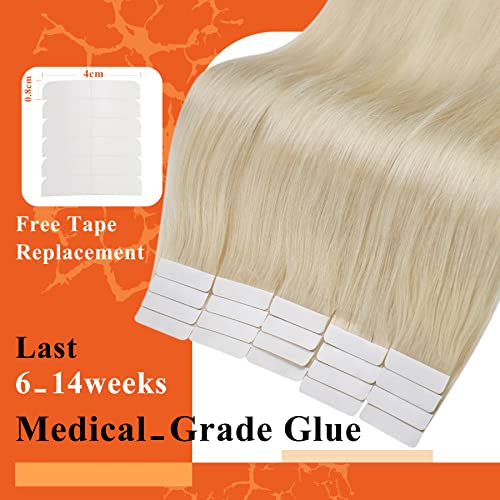 Image of Full Shine Blonde Tape in Hair Extensions Human Hair 18 Inches Color Platinum Blonde 60 Double Sided Tape ins Human Hair Extensions Invisible Skin Weft 20Pieces 50Grams for Women Soft