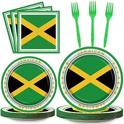 Image of 96 PCS Jamaica Flag Party Supplies Paper Plates Napkins Jamaica Birthday Decorations Favors for Jamaican Serves 24