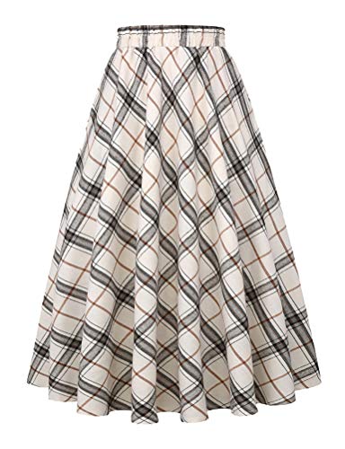 IDEALSANXUN Womens Plaid Skirt Elastic Waist A-line Midi Pleated Skirts (Medium, Beige D39)