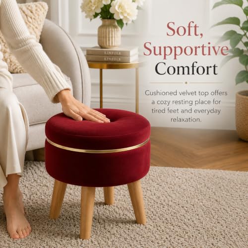 Image of Ottoman Stool for Living Room Foot Rest | Velvet Small Ottoman Foot Stool | Solid Wood Legs | Footstool Puffy for Home, Bedroom & Makeup Table | 30 x 30 cm (12 x 12 Inch) | Maroon