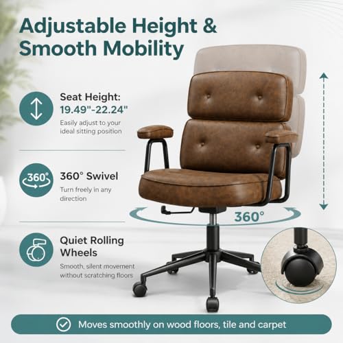 Image of Ergonomic Home Office Desk Chair, PU Leather Computer Chair with Lumbar Support, Adjustable Height, 360 Swivel Rolling Wheels, Executive Task Chair for Office, Gaming, Meeting Room, Brown