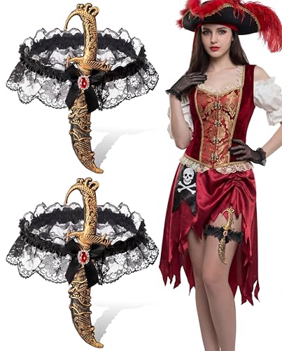 SATINIOR 2 Pcs Pirate Sword Garter with Lace Bow Leg Ring Dagger Pirate Costume Accessories for Women Adult Halloween Cosplay Bronze