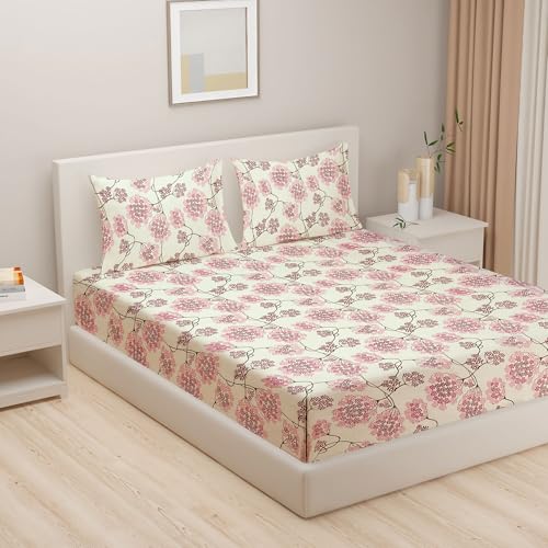 Image of Swayam Roto Cotton King Fitted Bedsheet with 2 Pillow Covers | Size 72 x 78 x 10 inch | 144 TC | Floral Design | Soft Breathable Bed Sheet | Comfortable & Durable for Bedroom - Beige & Purple