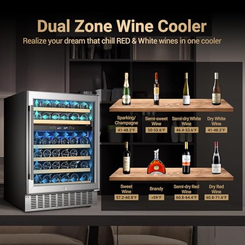 Image of AAOBOSI 24 Inch Wine Cooler,46 Bottle -Dual Zone Built-in or Freestanding with Blue LED Light and Adjustable Shelves for Home,Kitchen or Office.