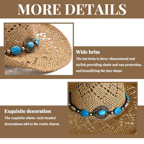 Image of Western Straw Cowboy Hats Cowgirl Hat for Holiday Woven Beach Sun Hat with Shapeable Wide Brim Cowboy Hat for Women's /Men's
