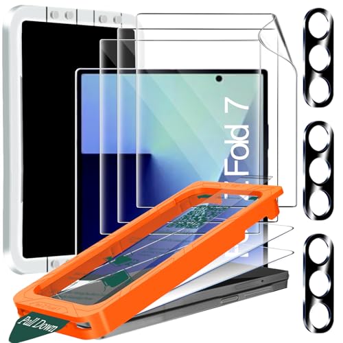 IMBZBK [Auto-Dust Removal] 3 Pack Screen Protector for Samsung Galaxy Z Fold 7 3 Inside Flexible Film + 3 Front Tempered Glass + 3 Camera Lens Protector Accessories Easy Installation