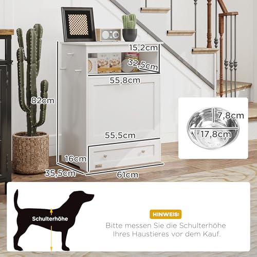 PawHut Haustier-Futterschrank Futterschrank Hund mit Lagerschrank, 2 Edelstahlnäpfen, 3 Haken, Schublade, Futterstation mit offenem Fach, Kipptür, Hundefutterstation für Hunde, 61 x 35,5 x 82 cm Weiß