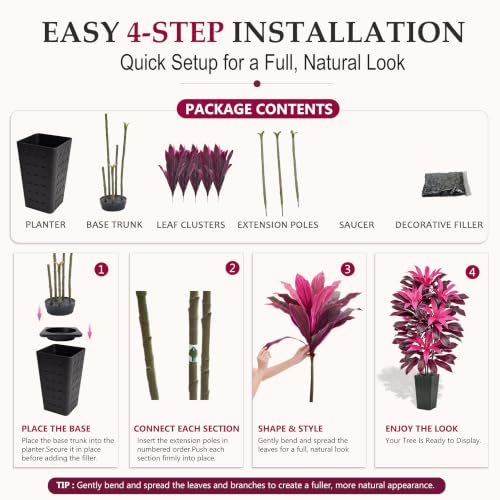 Image of Artificial Dracaena Plant Fake Tree with Planter Faux Yucca Tall Fake Floor Plant, Artificial Trees for Home Bedroom Office Indoor Living Room Decoration (Purple-Black Pot, 6FT)