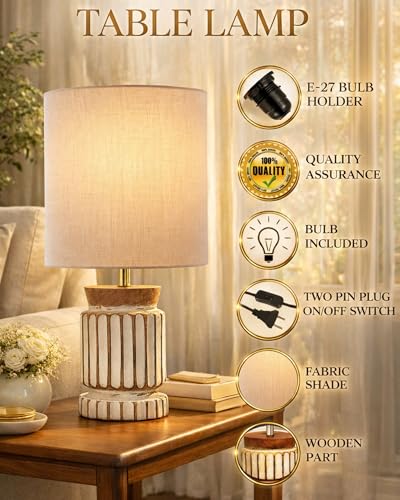 Image of Homesake Retro Farmhouse Table Lamp for Living Room Bedroom Rustic Linen Bedside Nightstand Lamps for Kids Room Study Office Wood, Home Decorative Lamp, Carved Cylinder, (Jute)
