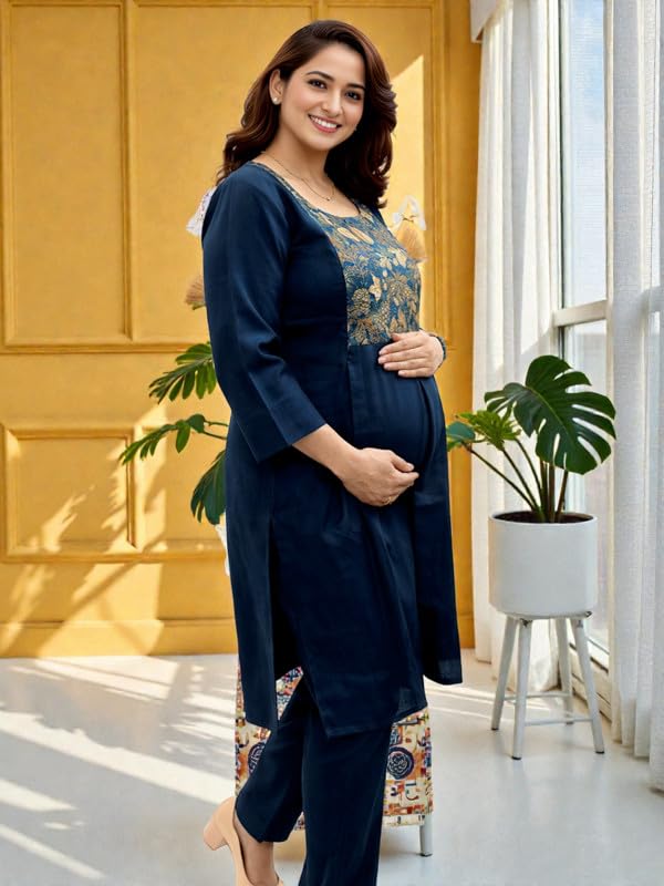 Image of RITIJYA Pure Cotton Feeding Kurta Pant Set for Women | Floral Anarkali Pregnancy Dress with Concealed Nursing Zipper Side Pocket | Pre & Post Partum | Maternity Dresses | Baby Shower Outfit