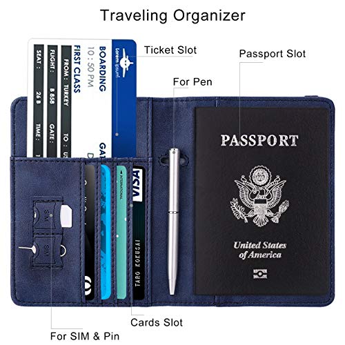 Image of WALNEW Passport Holder for Travel, RFID Passport Cover Wallet for Women Men, PU Leather Passport Book Card Holder Case with Pen, Travelling Essentials for Flying