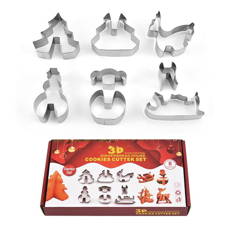 OUDINI christmas cookie cutters 3d set Large Biscuit gingerbread house kit 3D set Snowman Christmas baking mold Tree Santa Reindeer Stainless Xmas Cookie Cutter (8 pcs)