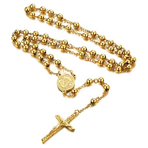 FaithHeart Gold Rosenkranz Kette Edelstahl Dame Rosenkranz Kreuz Anhänger Halskette Rosary Necklace Geschenk für Tägliche Abnutzung Cover