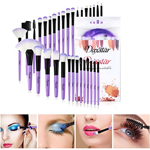 Daxstar Cosmetic Brushes Set Purple, Basic Beginner Makeup Brushes Collection 32 PCs Dense Fan Blending Highlighter Powder Mascara Brush with No-shed Brush Hair