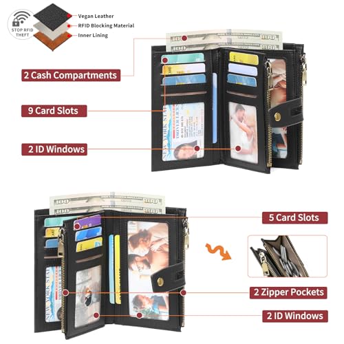 Genuine Leather Wallet for Women RFID Blocking Bifold with Double Zipper Pockets & 4 ID Windows (Black)3