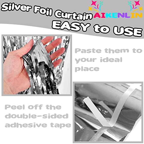 Image of 4 Pack 3.2Ft x 8.2Ft Silver Foil Fringe Curtain Backdrop, Metallic Tinsel Foil Fringe Streamers Curtains Background for Photo Booth, Birthday, Wedding, Halloween, Christmas Party Decoration