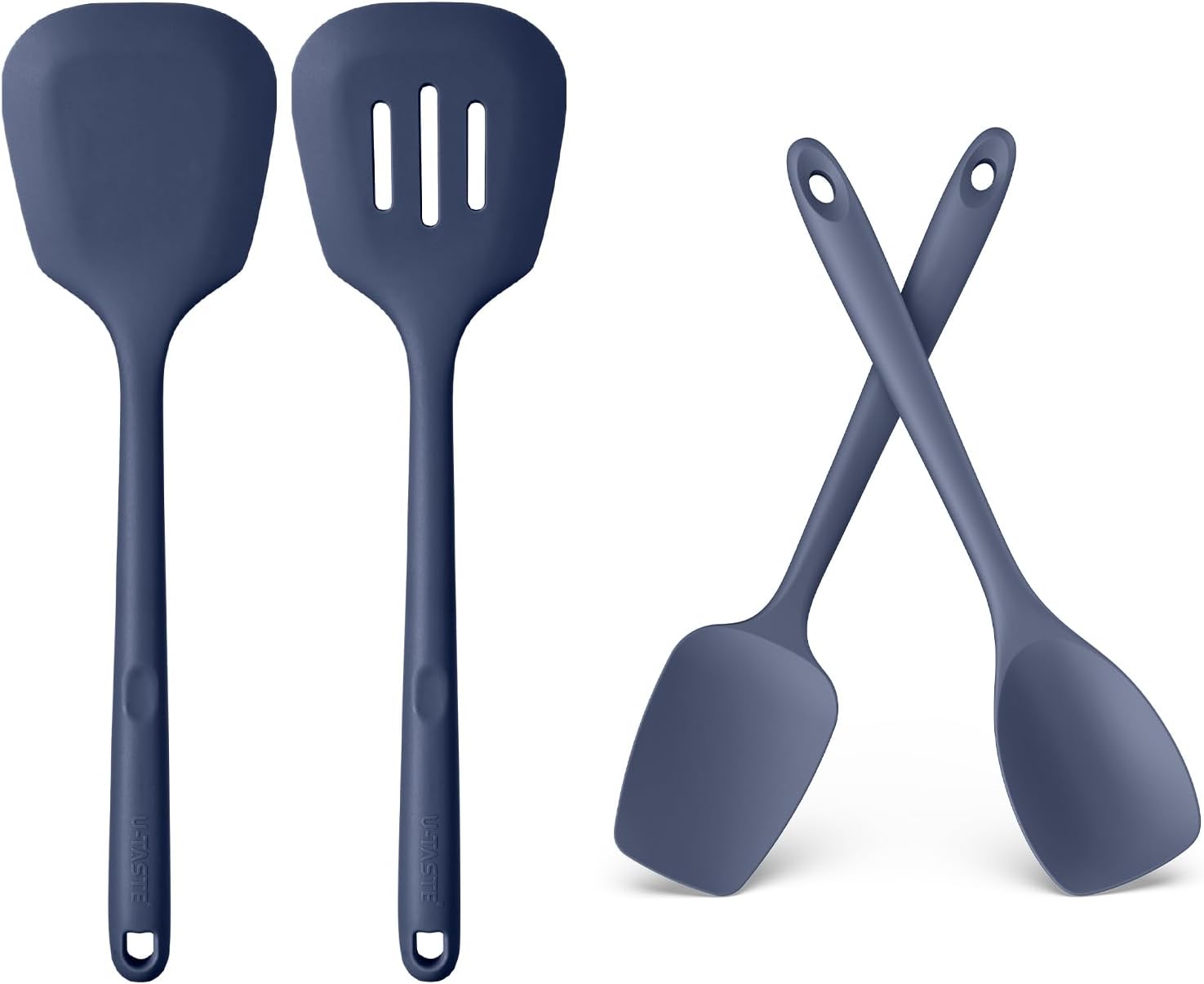 U-Taste 600ºF Heat Resistant 13.6in Long Solid & Slotted Silicone Turner and 600ºF Heat Resistat Silicone Flexible Baking Spoon Spatula & Cooking Scoop Spoonula (Midnight Blue)