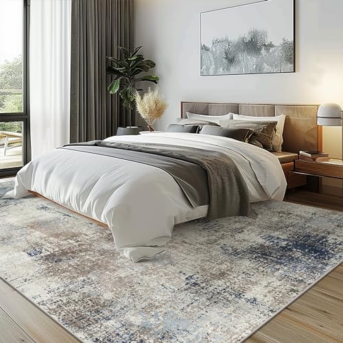 Area Rugs 8x10 Machine Washable Rug for Bedroom Living Room, Large Modern Abstract for Dining Room, Indoor Low Pile Carpet Soft Rugs with Non Slip Rubber Backing, Abstract Blue Gray