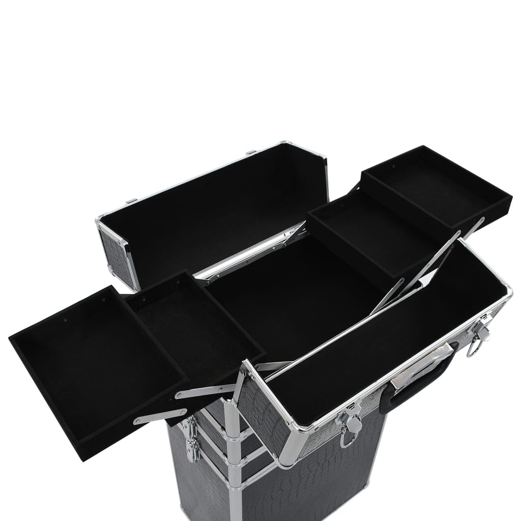 Walizka na kosmetyki aluminiowa, czarna, z tłoczeniem krokodyla, 4 półki, wysuwane półki, 4 zdejmowane kółka, 37 x 22 x 78 cm, organizer na podróż, do hotelu, na kemping i do łazienki