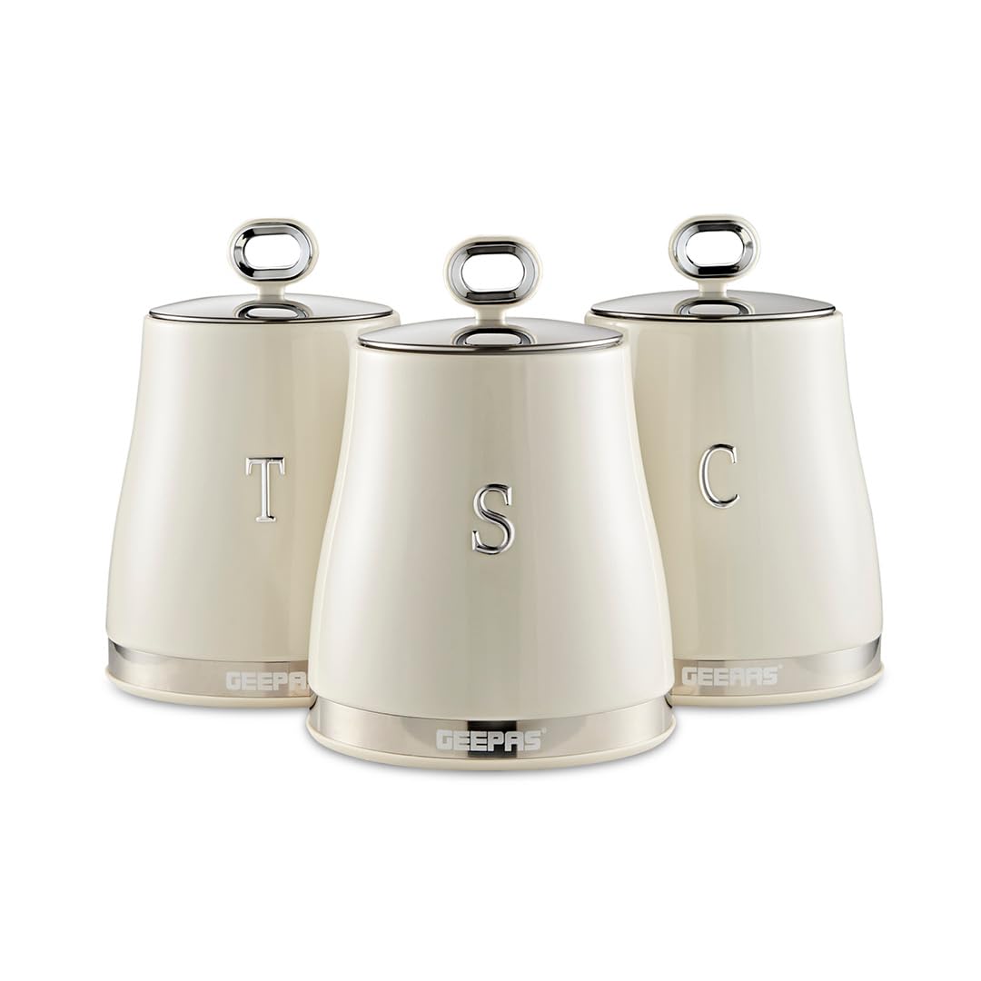 GEEPAS Retrovive 3-Piece Tea Coffee Sugar Canisters Set | 1.4L Airtight Stainless Steel Lids & Durable Carbon Steel Body | Kitchen Storage Canisters Keeps Contents Fresh Aromatic & Flavourful | Cream