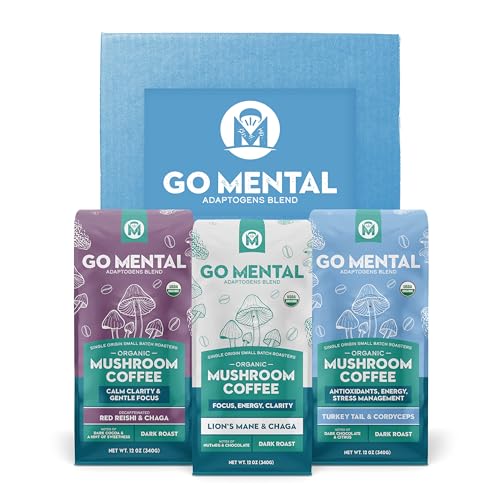 Organic Mushroom Coffee 3 Bag Gift Box Set, Lion's Mane & Chaga, Red Reishi & Chaga Decaffeinated, Turkey Tail & Cordyceps, Immune Support & Overall Wellbeing Dark Roast 36oz Ground