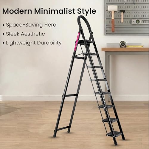 Image of Casa Copenhagen Black 8 Step Ladder for Home Use with Built-in Tool Tray | Heavy Duty D Shape Rods | Ultra Large Platform | Wide Rubber Feet | 150Kg Capacity Foldable Ladder - 7 Years Warranty