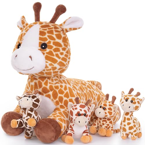 MorisMos 55cm lang riesen Giraffe Kuscheltier groß, Giraffe Stofftier XXL mit 4 Plüschbaby im Bauch, liegend Plüsch Hirsch Rehteddy,Geschenk Kinder Mädchen Jungen
