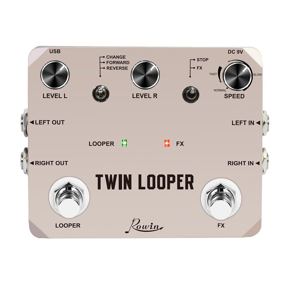 Looper - Pedale effetto per chitarra elettrica, Rowin Loop Station con 11 tipi di suono, True Bypass, tempo di registrazione di 10 minuti, Undo/Redo, ingresso e uscita stereo, oro