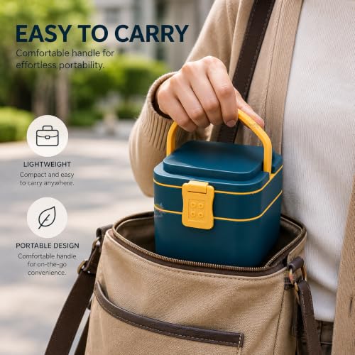 Image of WISHKEY Microwave Proof Double Compartment Lunch Box with Handle for Kids, Colorful Push Lock Tiffin Box for Office Adults, Birthday Gift for School Boys & Girls (Pack of 1, Multicolor)