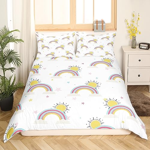 Girls Kids Duvet Cover Set 135x200cm Rainbows Sunshine Bedding Set Decorative Reversible Microfiber Polyester Stripes White Bedding Single Size Comforter Cover with 1Pillow Shams 2 Pieces Zipper - Image 4