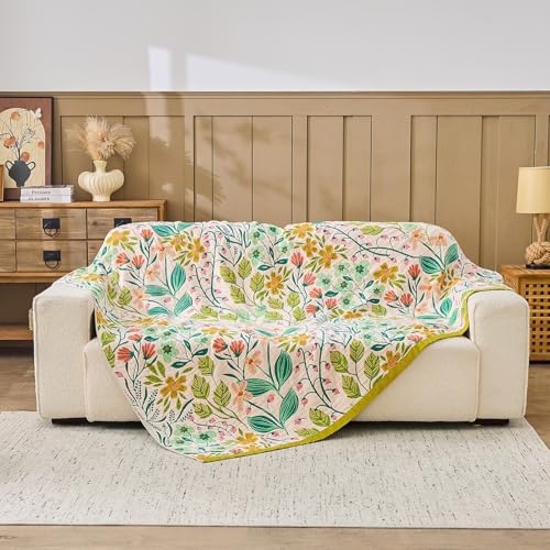 Image of XIBLC Boho Throw Blanket 100% Cotton Vintage Blanket Muslin Woven Flower Decorative Throw Blankets All Season Bohemian Rustic Farmhouse Decor Quilt for Bed (Beige 90 inchx98 inch)