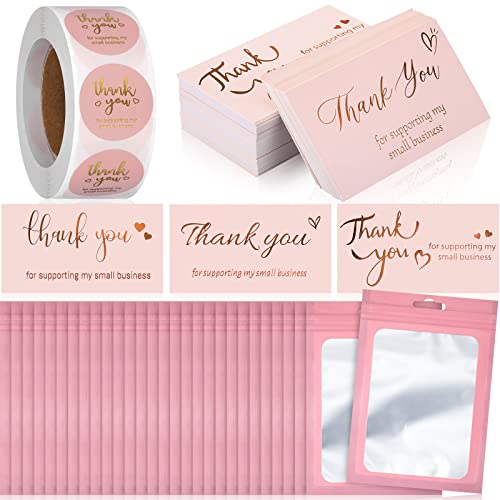 Epakh 1140 Pieces Thank You Card and Sticker Set Multicolor Classic Style Suitable Include 100 Thank You Business Cards 1000 Roll Labels 40 Packaging Bags for Business Wedding(Classic Style)