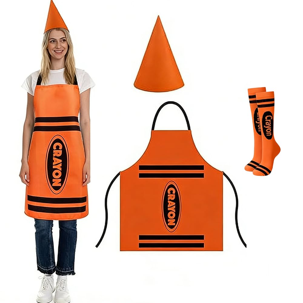 CYZTD Crayon Costume Adult Set,Orange Crayon Fancy Dress with Apron,Cone Hat & Socks,World Book Day Costumes for Women Men,Halloween Cosplay Outfit for Themed Parties,Christmas,Book Week (Orange)