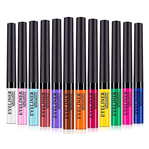 Healthcom 12 PCS Matte Liquid Eyeliner 12 Colors Felt Tip Glitter Eyeliner Pen Long Lasting Waterproof High Pigmented Colorful Eye Liner Pen Set Brighten Eyeliner Makeup Eyeshadow for women girl