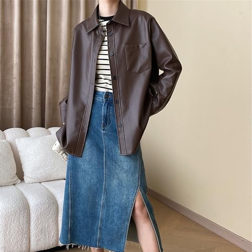 JEKE-DG Women's Button Down Loose Fit Outdoor Coat Classic Faux Leather Coat Jacket Lapel Lonf Sleeve Solid Outerwear4