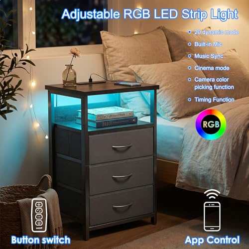 Image of Fixwal Night Stand with 3 Fabric Storage Drawers, LED Nightstand with Charging Station, Bedside Table, Black