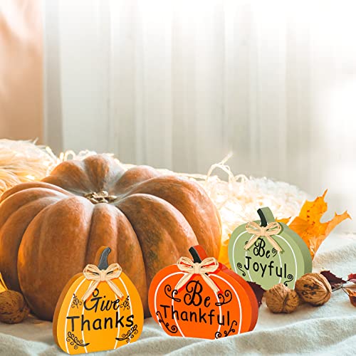 3 Pcs Fall Wooden Pumpkin Sign Fall Thankful Joyful Thanks Pumpkin Tiered Tray Decor Fall Table Signs Harvest Thanksgiving Wood Block Sign for Home Party Halloween Decorations (Orange, Green, Yellow) - Image 4