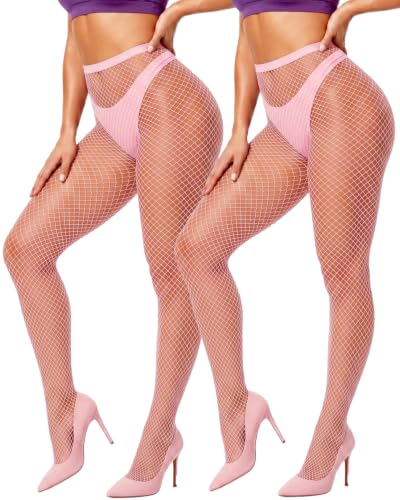 ZINTEDI 2 Pairs Black Womens Fishnet Stockings for Women High Waist Fishnet Tights (US Alpha One Size Regular Regular pink)