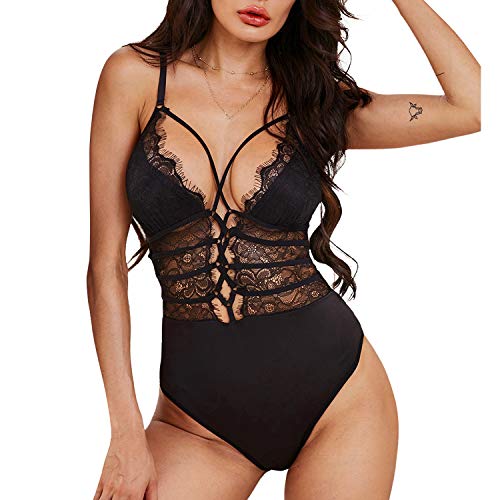 Women's Deep V Lace Bodysuit Spaghetti Straps Cutout Teddy Babydoll Lingerie Sexy Backless Bodycon Stage Nightwear Style 2 Large
