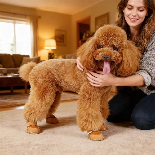 Hundeschuhe Pfotenschutz,Hundeschuhe Kleine Hunde,Plüsch Hundestiefel,Hundeschuhe Winter,Hund Schneestiefel,Hunde Schuhe Anti Rutsch,Schneestiefel für Haustiere für kleine,Sport im Freien (Braun 2)
