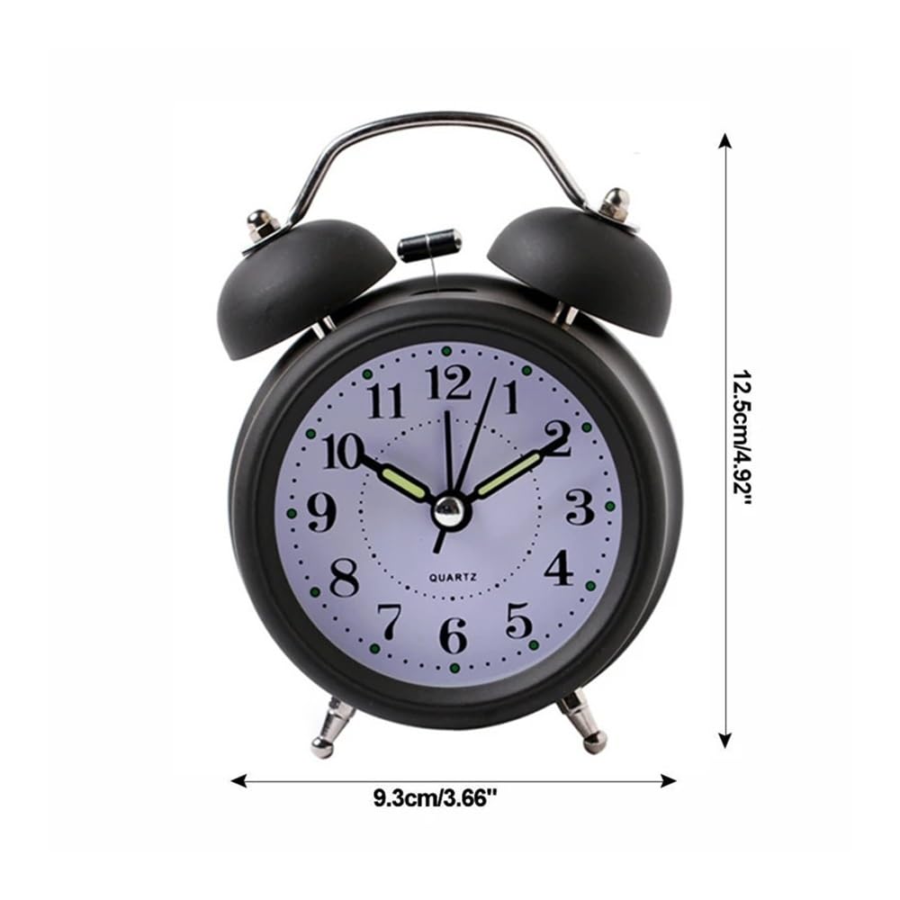 Budzik, Głośny budzik z podświetleniem dla osób o głębokim śnie, podwójny dzwonek, bardzo dekoracyjny zegar biurkowy w stylu retro(Black)