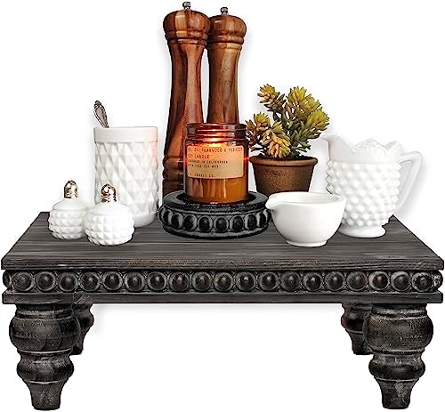 Farmhouse Pedestal Tiered Tray Decor by Felt Creative Home Goods - Shabby Chic Vintage Wood Riser for Coffee Bar, Bathroom, Kitchen Island (Rustic Black)