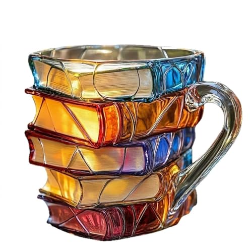 Glastasse Buch 3D Handbemalte Bücherstapel Tasse Teetasse und Kaffeetasse aus Glas mit Henkel Geschenk für Buchliebhaber Leseratten und Literaturfans