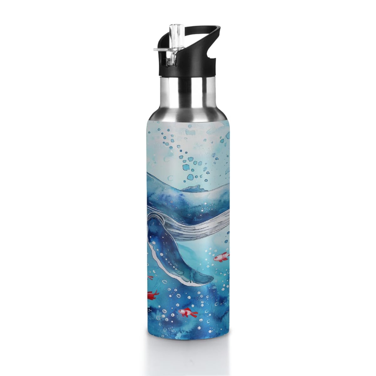 VQUVQV Insulated Water Bottles with Straw Lid, Blue Whale Watercolor Stainless Steel Drinks Bottle Leakproof Vacuum Flask for Running, Sports, Gym, Travel, 600ml