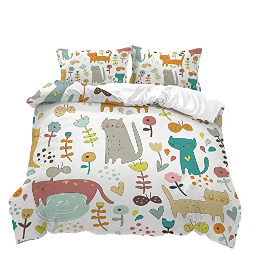 CVHOUSE Kawaii - Funda de edredón de gato tamaño Queen, bonito juego de ropa de cama para niñas y niños, funda de edredón de gato kawaii, 1 funda de edredón y 2 fundas de almohada de 3 piezas
