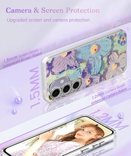 Image of Elzzi Compatible with Samsung S24 Ultra Case Oil Painting Flower Colorful with Len Prtotection Shockproof PC+TPU Glossy Back Cover for Girls Women